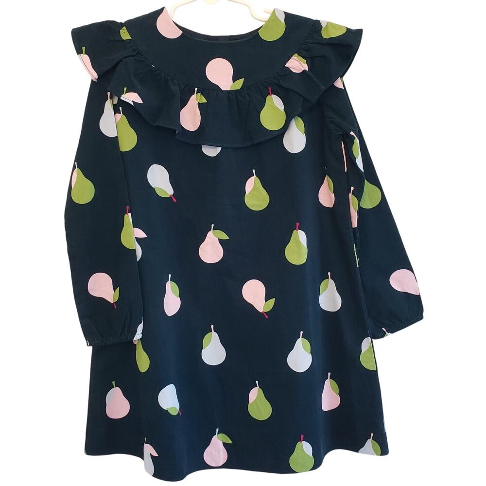 NWT JACADI PARIS Pear Print Fine Corduroy LS Dress Girl's Size 8 Year Dark Teal